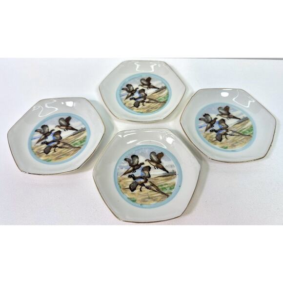 VTG Set Of 4 Stamped Japan Sauce Salt Cellars HP Birds Gold Rim MCM Hexagon - Picture 1 of 7